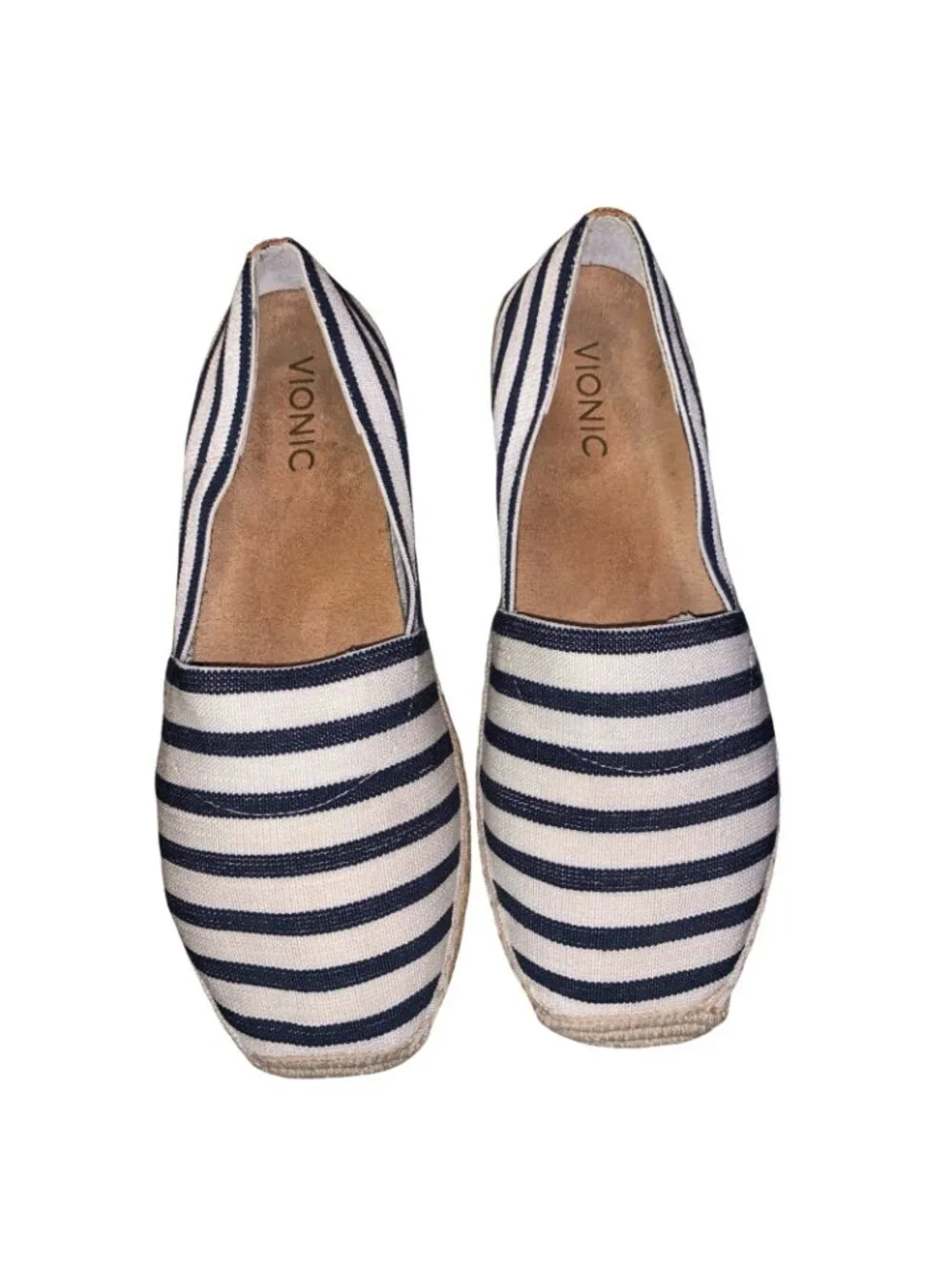 Vionic Navy and White Striped Espadrille Flats